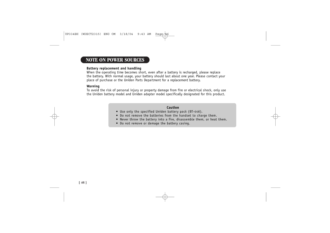 Uniden 2315+1 quick start Battery replacement and handling 