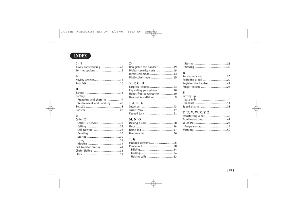 Uniden 2315+1 quick start Index, K, L 