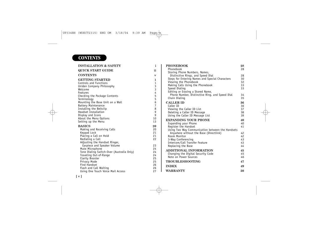 Uniden 2315+1 quick start Contents 