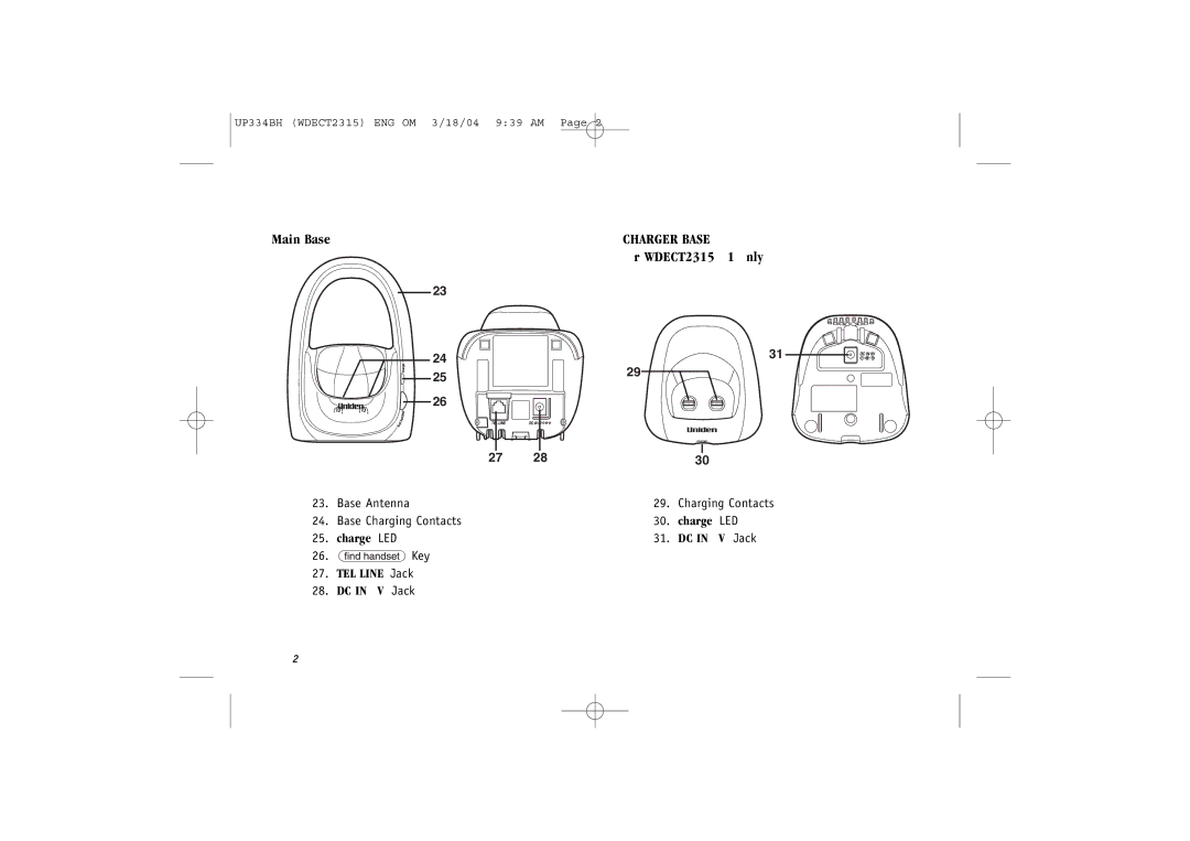 Uniden 2315+1 quick start Main Base, For WDECT2315 +1 only, Charge LED DC in 9V Jack, TEL Line Jack DC in 9V Jack 