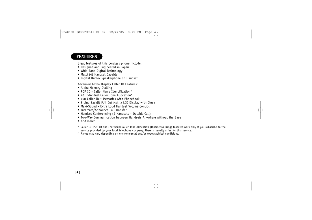 Uniden 2315+2 quick start Features 