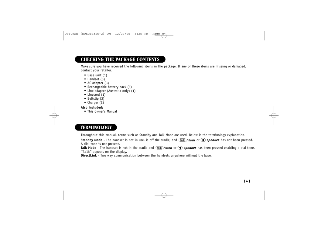 Uniden 2315+2 quick start Checking the Package Contents, Terminology 