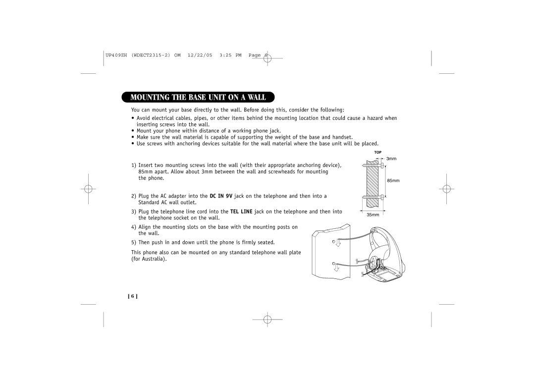 Uniden 2315+2 quick start Mounting the Base Unit on a Wall 