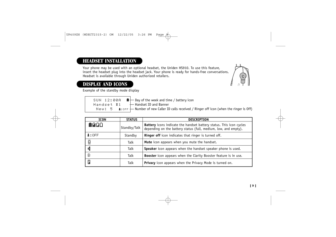 Uniden 2315+2 quick start Headset Installation, Display and Icons, a N d s e t 