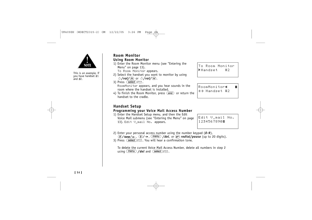 Uniden 2315+2 quick start Handset Setup, Using Room Monitor, Programming your Voice Mail Access Number 