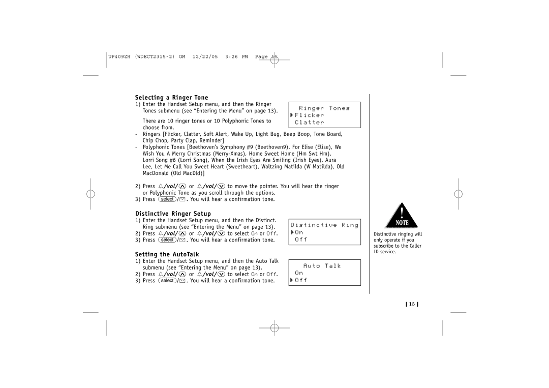 Uniden 2315+2 quick start Selecting a Ringer Tone, Distinctive Ringer Setup, Setting the AutoTalk 