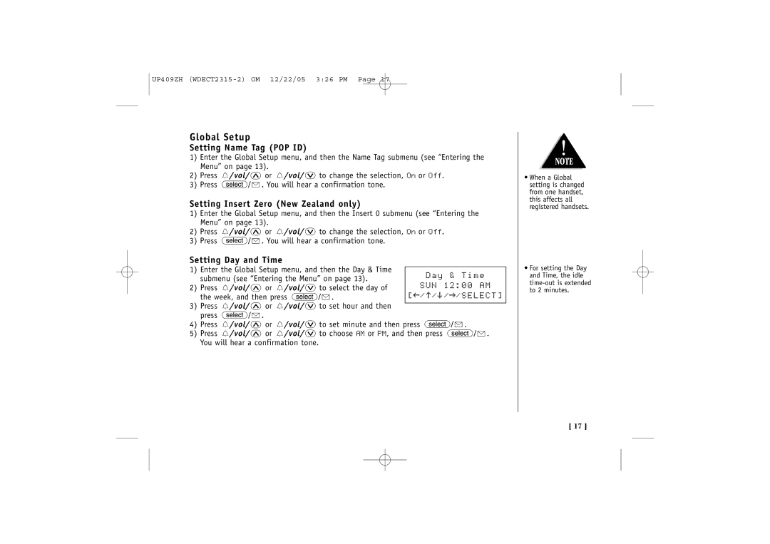 Uniden 2315+2 quick start Global Setup, Setting Name Tag POP ID, Setting Insert Zero New Zealand only, Setting Day and Time 