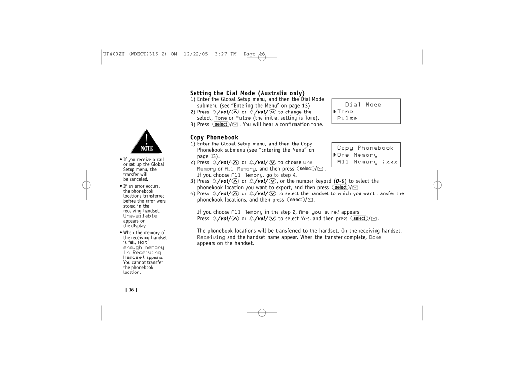 Uniden 2315+2 quick start Setting the Dial Mode Australia only, Copy Phonebook 