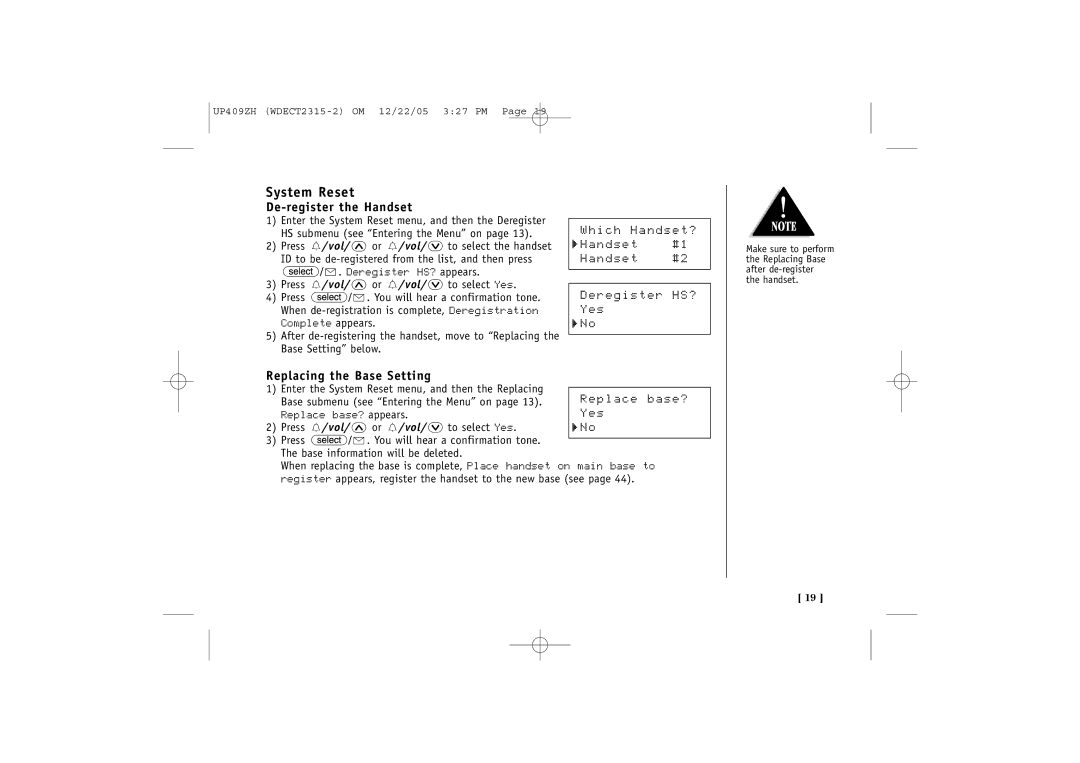 Uniden 2315+2 quick start System Reset, De-register the Handset, Replacing the Base Setting 