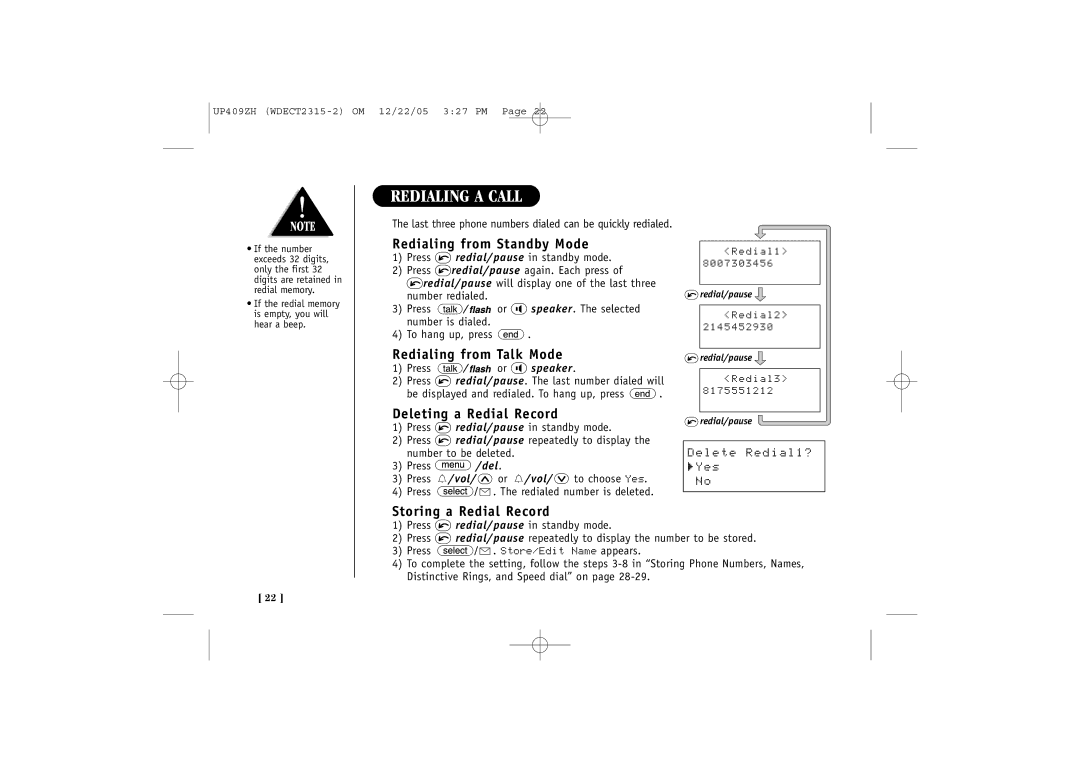 Uniden 2315+2 quick start Redialing a Call, Redialing from Standby Mode, Redialing from Talk Mode, Deleting a Redial Record 