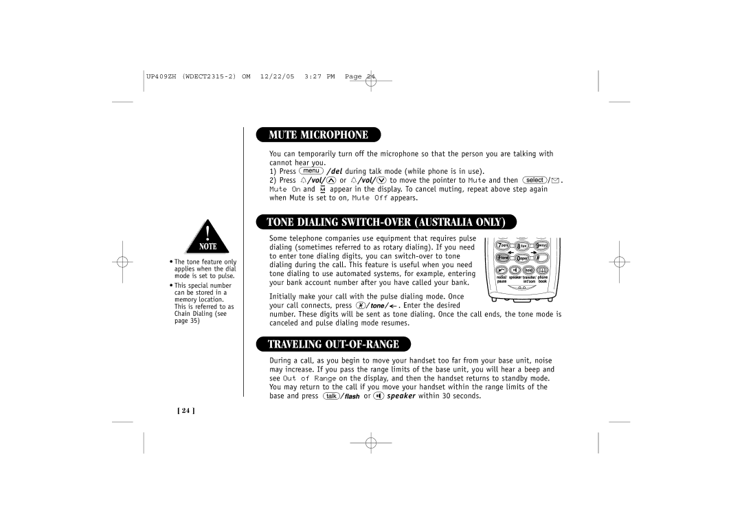 Uniden 2315+2 quick start Mute Microphone, Tone Dialing SWITCH-OVER Australia only, Traveling OUT-OF-RANGE 