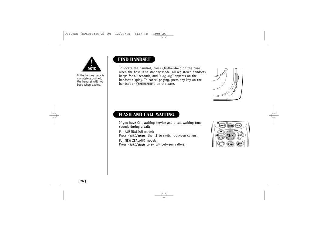 Uniden 2315+2 quick start Find Handset, Flash and Call Waiting 