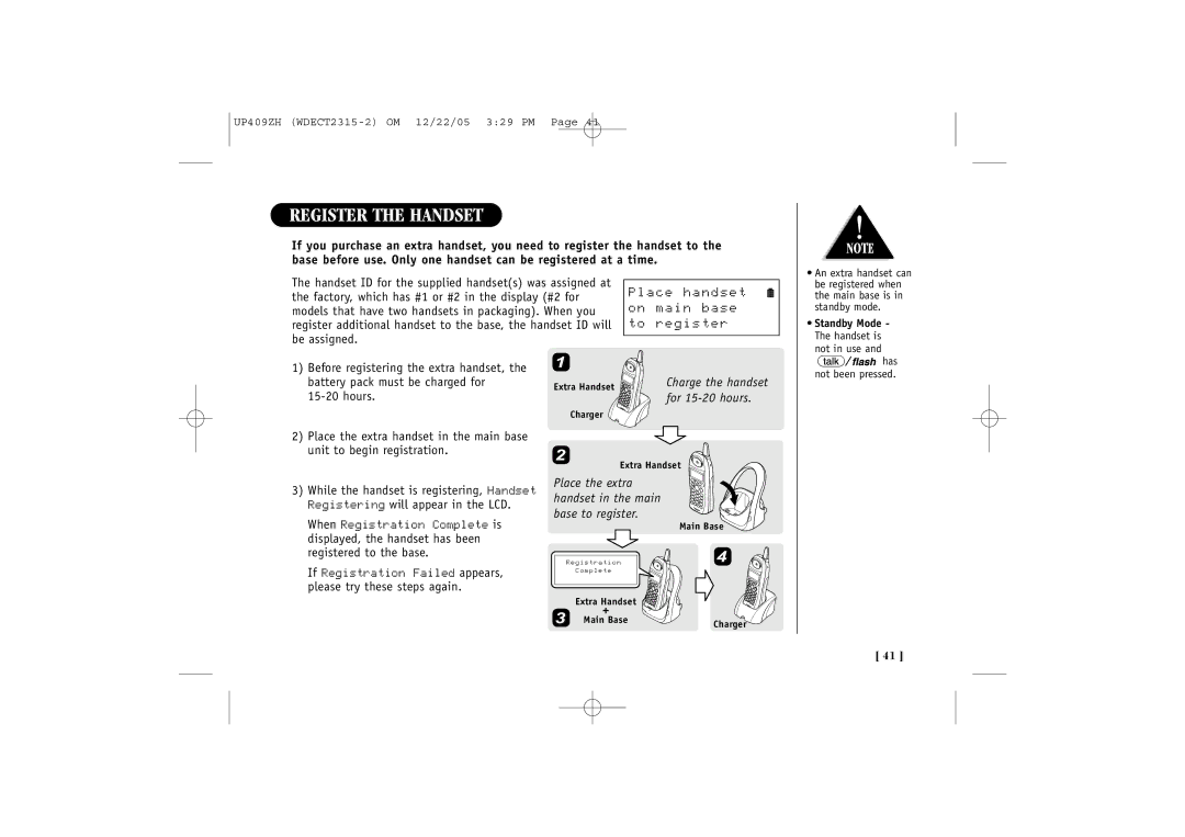 Uniden 2315+2 quick start Register the Handset, Place handset on main base to register 