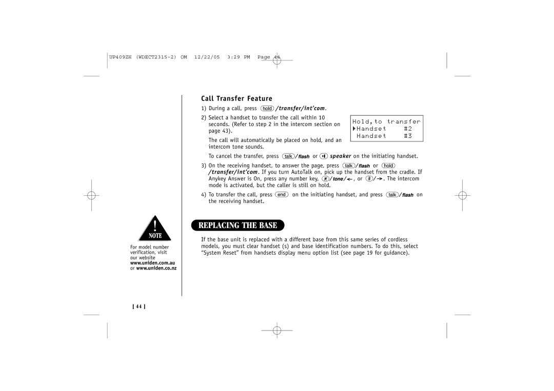 Uniden 2315+2 quick start Replacing the Base, Call Transfer Feature, Hold,to transfer Handset #2 Handset #3 