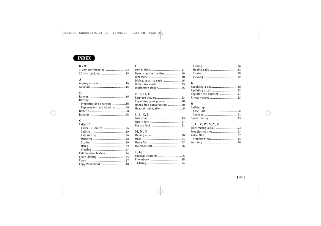 Uniden 2315+2 quick start Index, K, L 