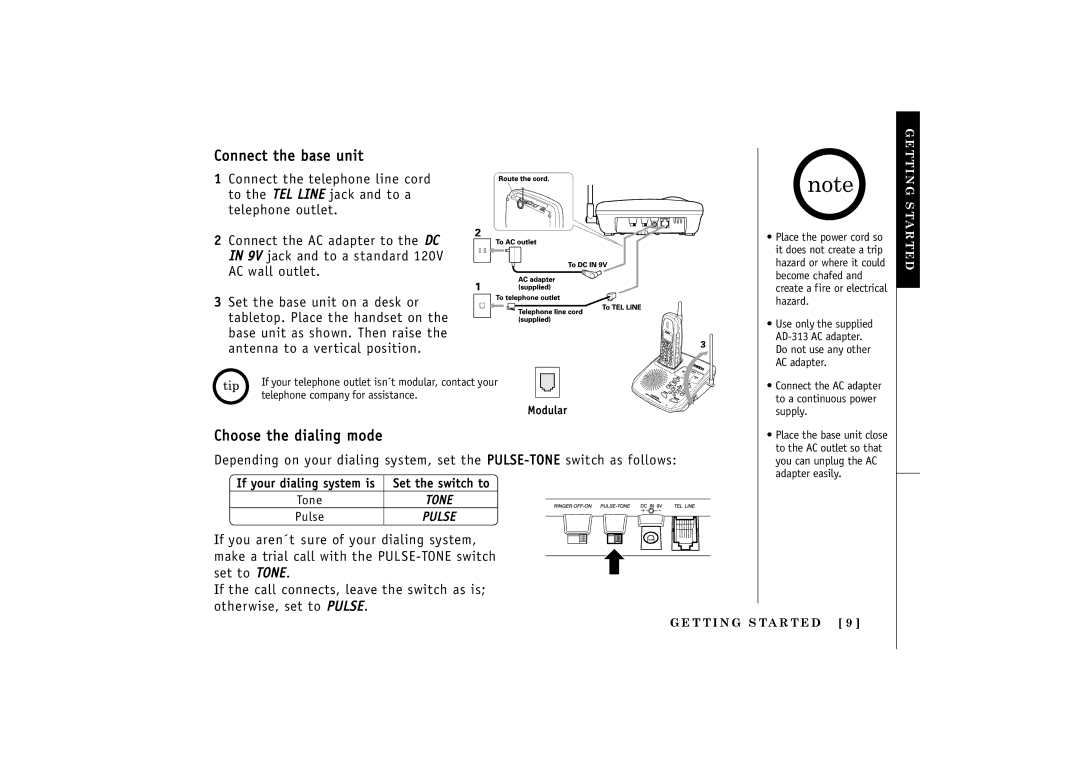 Uniden 24-148 manual Connect the base unit, Choose the dialing mode 