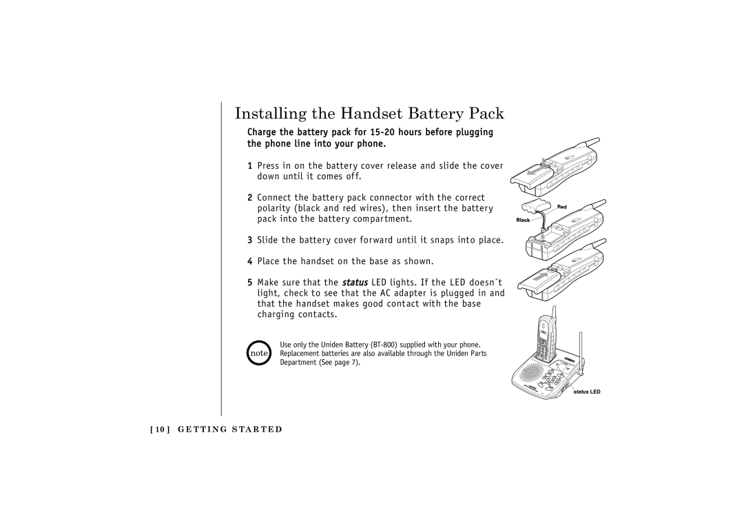 Uniden 24-148 manual Installing the Handset Battery Pack 