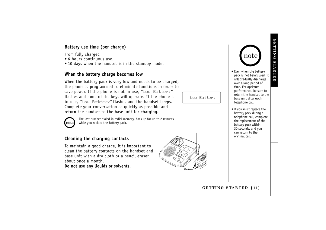 Uniden 24-148 manual Battery use time per charge, When the battery charge becomes low, Cleaning the charging contacts 