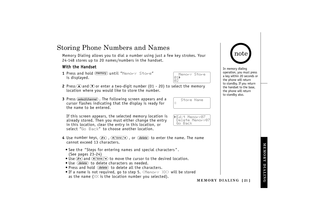 Uniden 24-148 manual Storing Phone Numbers and Names, With the Handset 