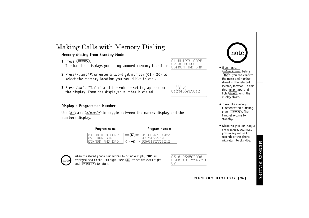 Uniden 24-148 manual Making Calls with Memory Dialing, This mode, press Hold until the display clears 