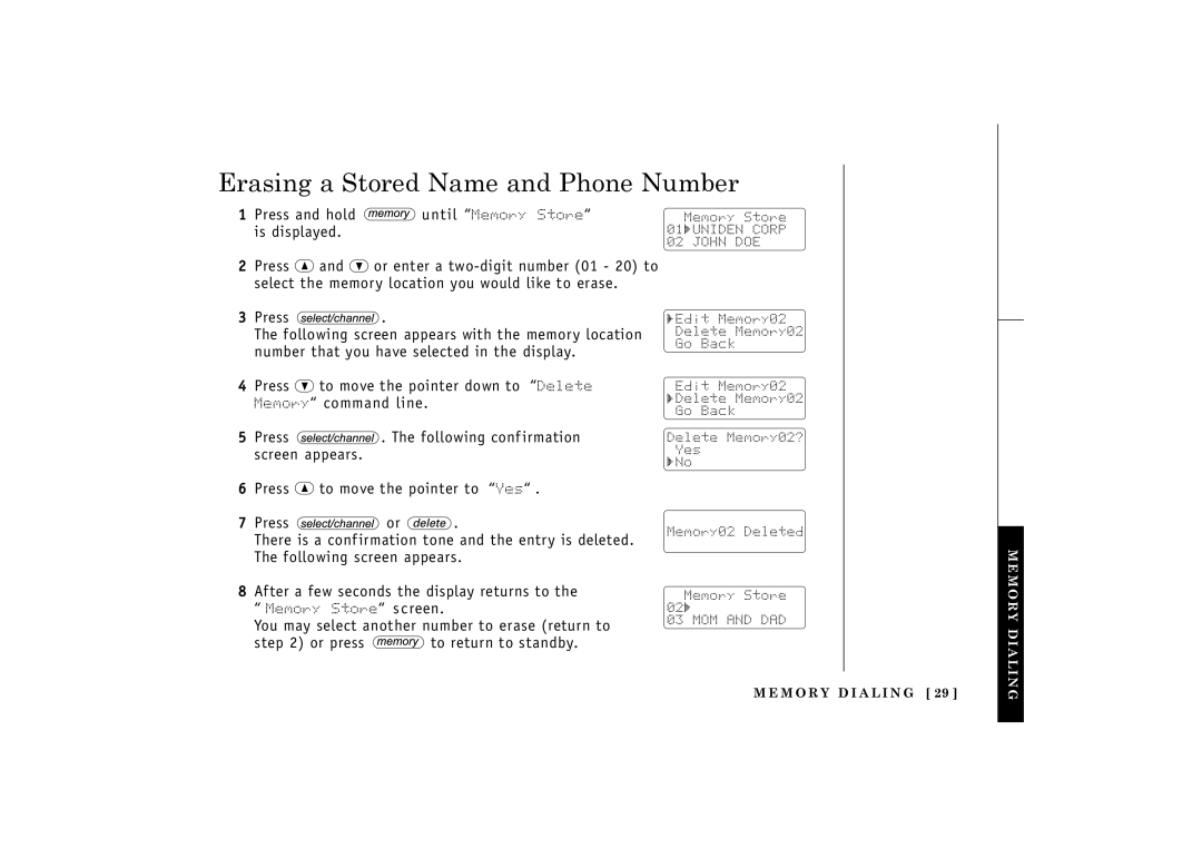 Uniden 24-148 manual Erasing a Stored Name and Phone Number 