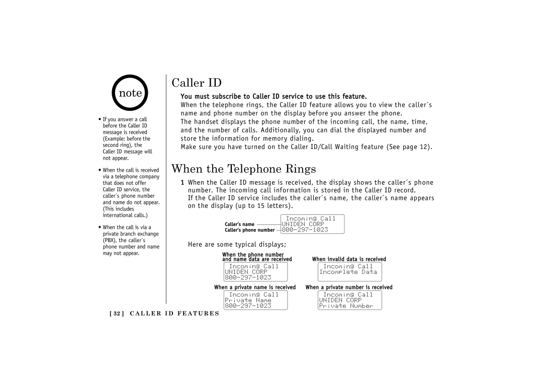 Uniden 24-148 manual Caller ID, When the Telephone Rings 