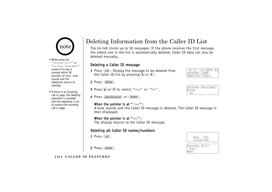 Uniden 24-148 manual Deleting Information from the Caller ID List, Deleting a Caller ID message 