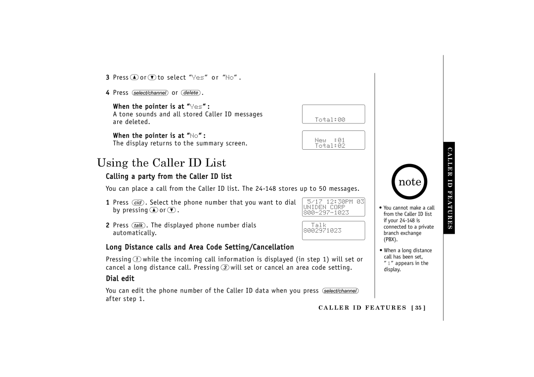 Uniden 24-148 manual Using the Caller ID List, Calling a party from the Caller ID list, Dial edit 