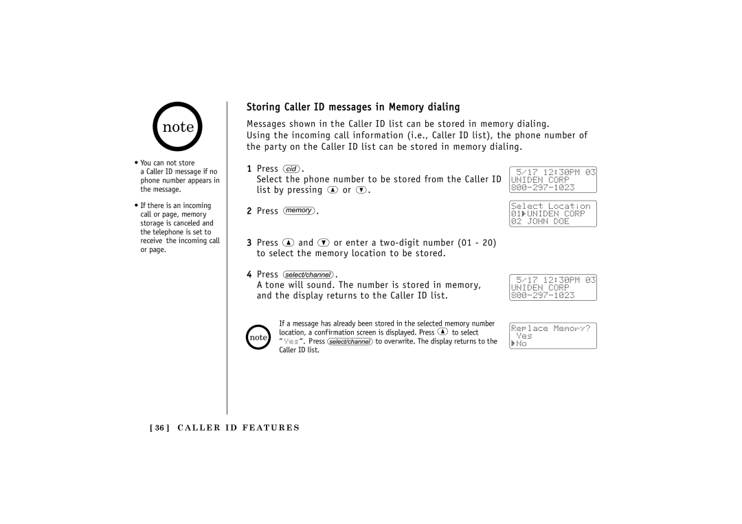 Uniden 24-148 manual Storing Caller ID messages in Memory dialing 