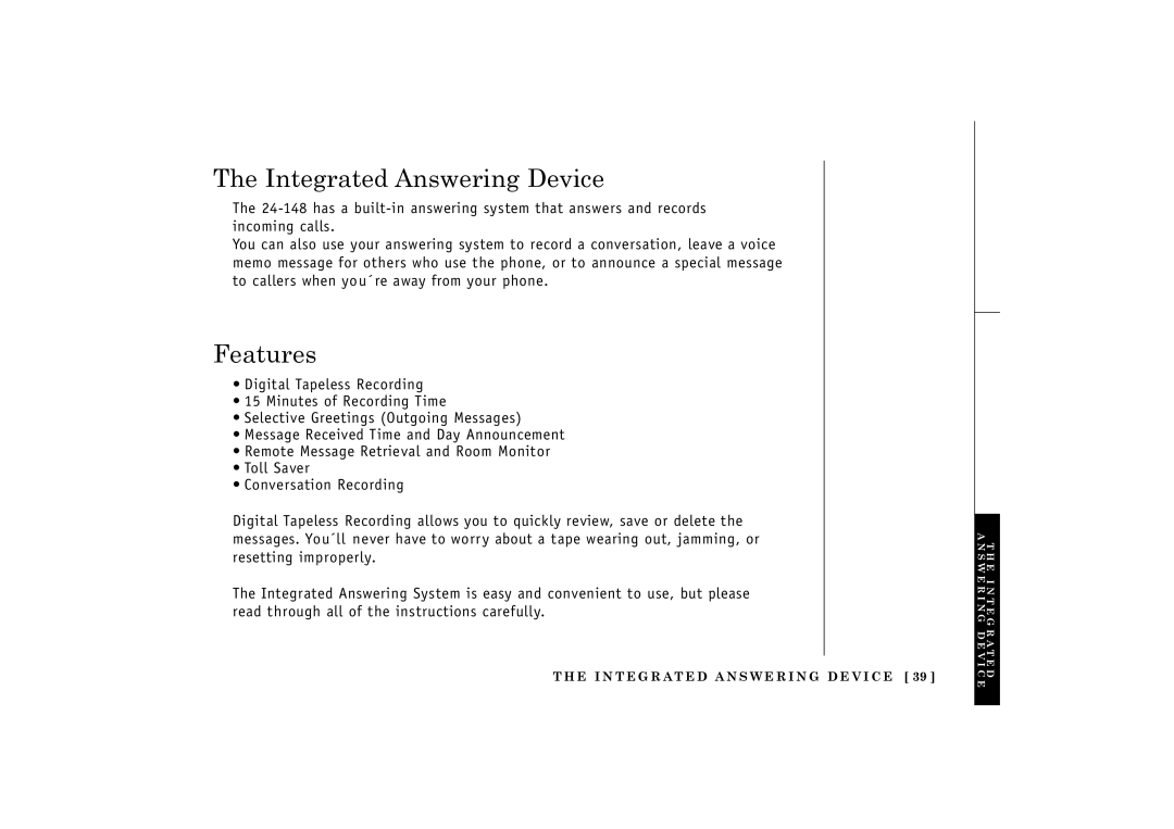 Uniden 24-148 manual Integrated Answering Device, E I N T E G R AT E D a N S W E R I N G D E V I C E 