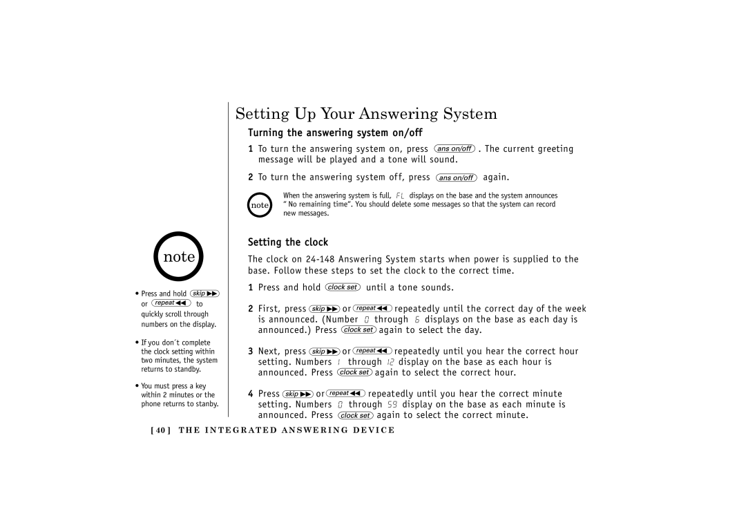 Uniden 24-148 manual Setting Up Your Answering System, Turning the answering system on/off, Setting the clock 