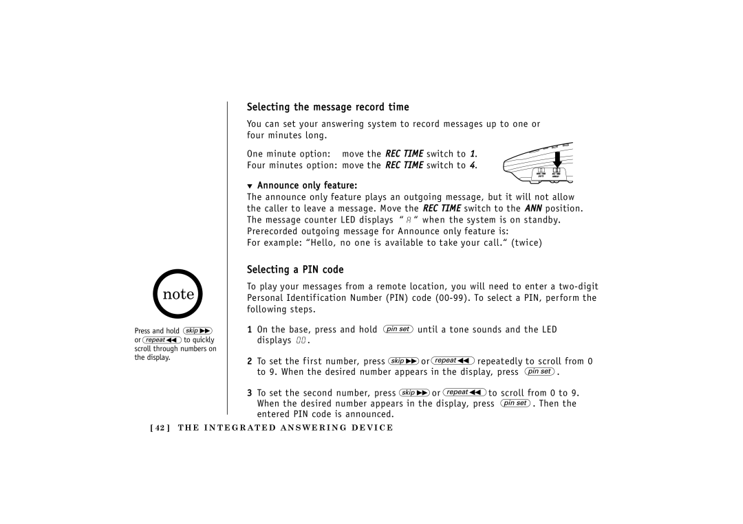 Uniden 24-148 manual Selecting the message record time, Selecting a PIN code 