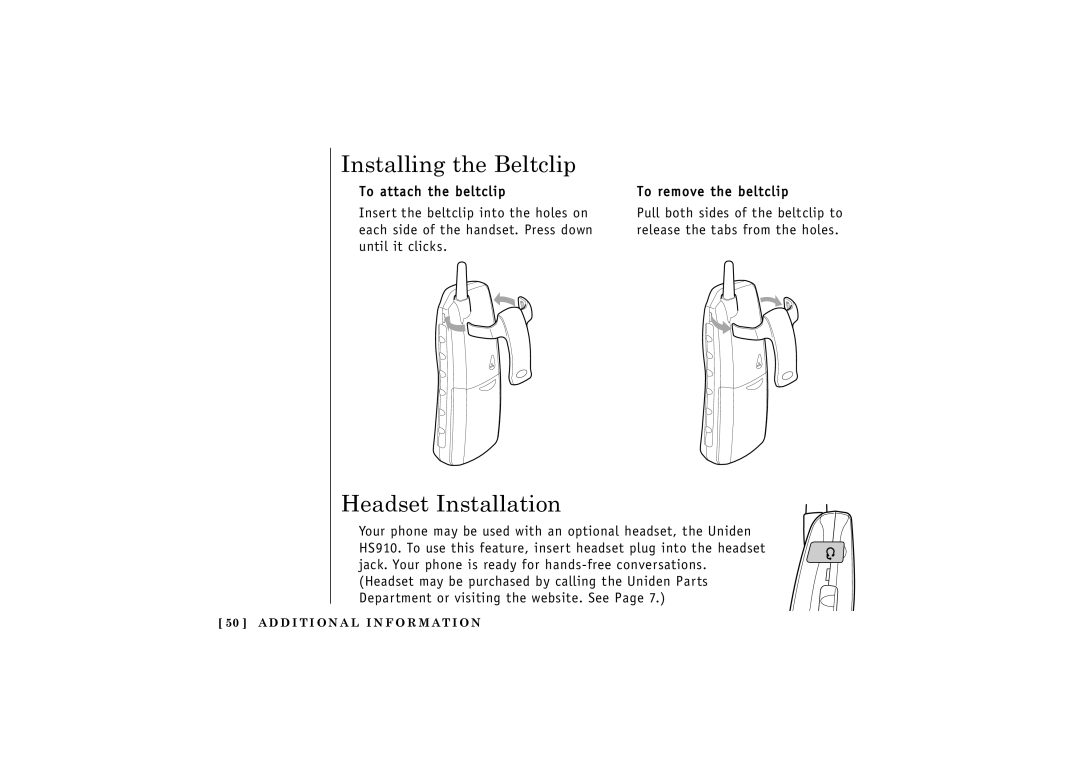 Uniden 24-148 manual Installing the Beltclip, Headset Installation 