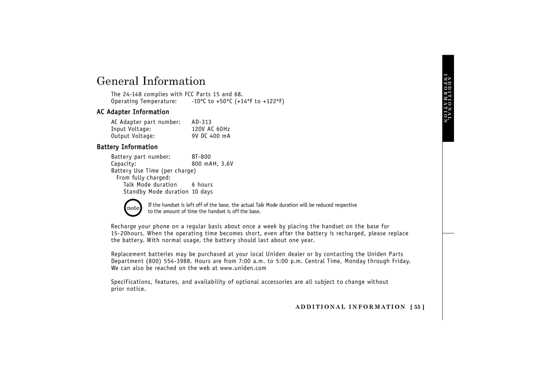 Uniden 24-148 manual General Information, Battery Information 