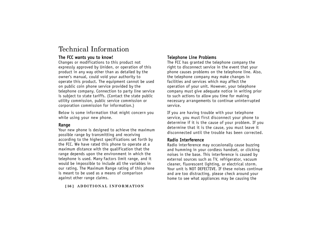 Uniden 24-148 manual Technical Information, FCC wants you to know, Range, Telephone Line Problems, Radio Interference 