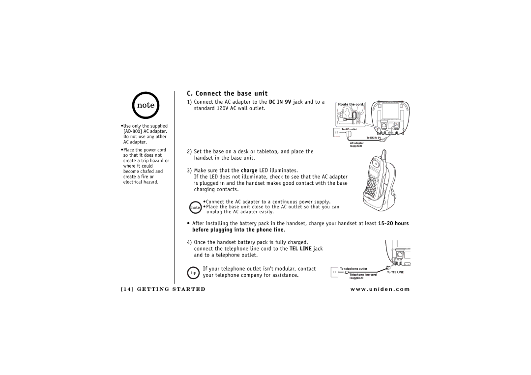 Uniden 2.4 manual Connect the base unit 