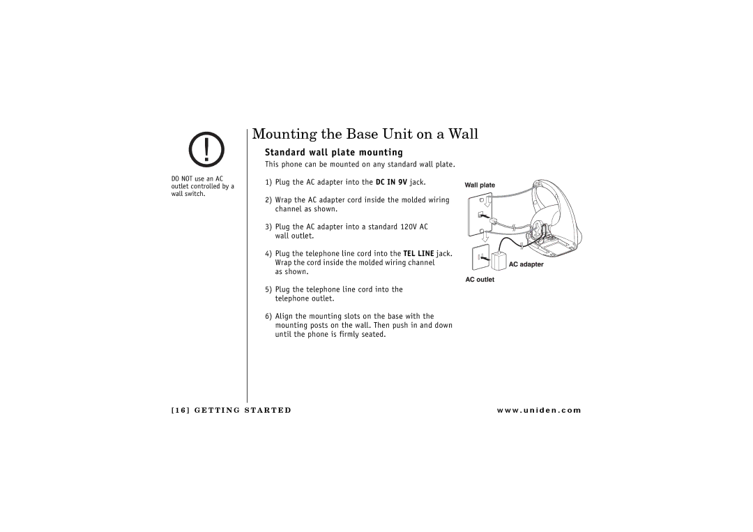 Uniden 2.4 manual Mounting the Base Unit on a Wall, Standard wall plate mounting 