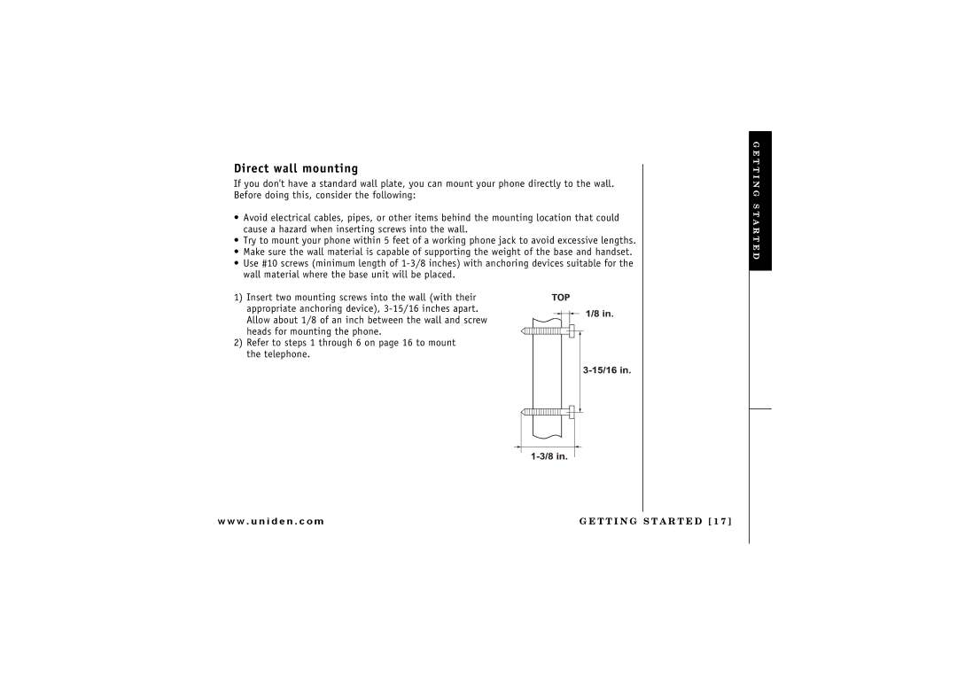 Uniden 2.4 manual Direct wall mounting 