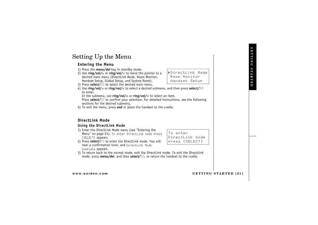 Uniden 2.4 manual Setting Up the Menu, Entering the Menu, Using the DirectLink Mode, T T I N G S T a R T E D 2 