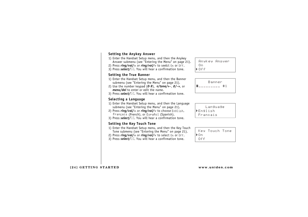 Uniden 2.4 manual Setting the Anykey Answer, Setting the True Banner, Selecting a Language, Setting the Key Touch Tone 