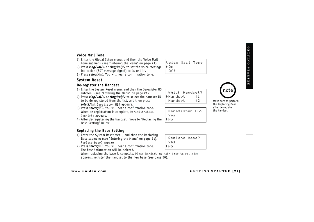 Uniden 2.4 manual Voice Mail Tone, De-register the Handset, Replacing the Base Setting 