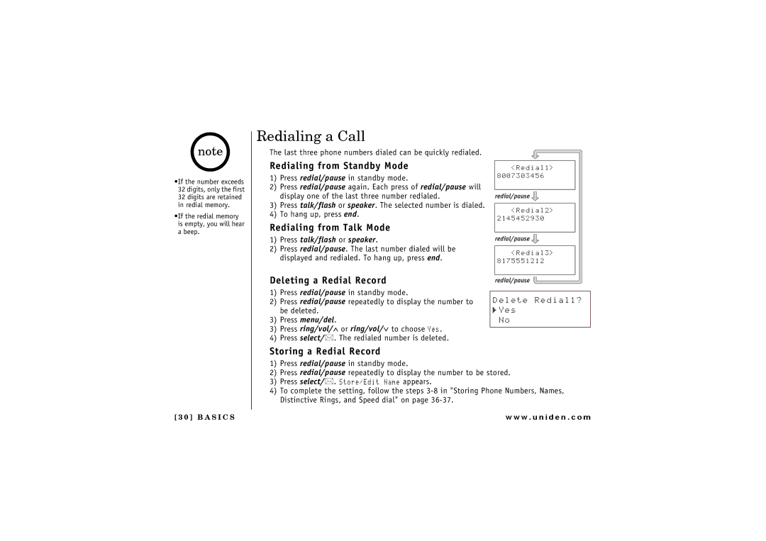 Uniden 2.4 manual Redialing a Call, Redialing from Standby Mode, Redialing from Talk Mode, Deleting a Redial Record 