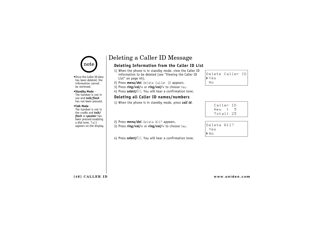 Uniden 2.4 manual Deleting a Caller ID Message, Deleting Information from the Caller ID List, Gngvg%Cnngt+, Gngvg#Nn 