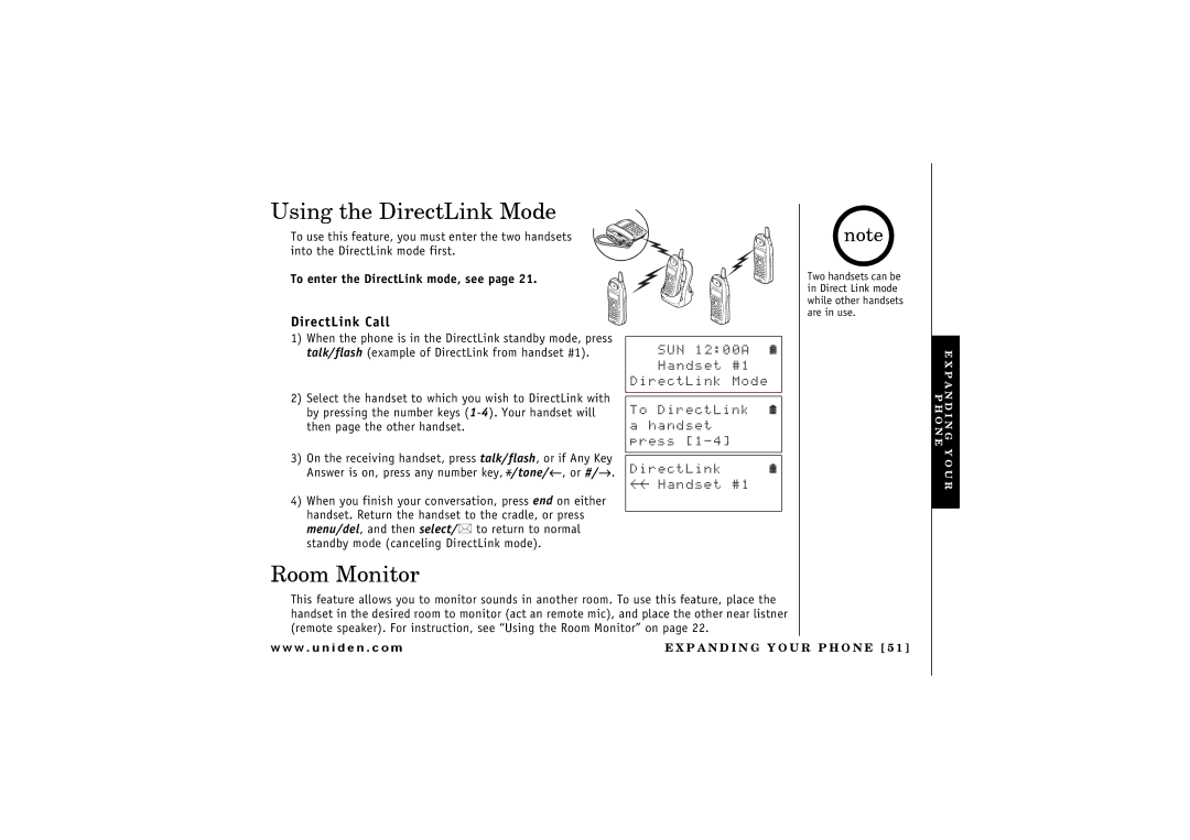 Uniden 2.4 manual Using the DirectLink Mode, Room Monitor, DirectLink Call,  570#,  *Cpfugv 