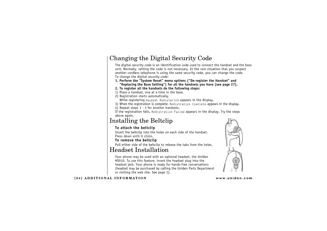 Uniden 2.4 manual Changing the Digital Security Code, Installing the Beltclip, Headset Installation, To attach the beltclip 