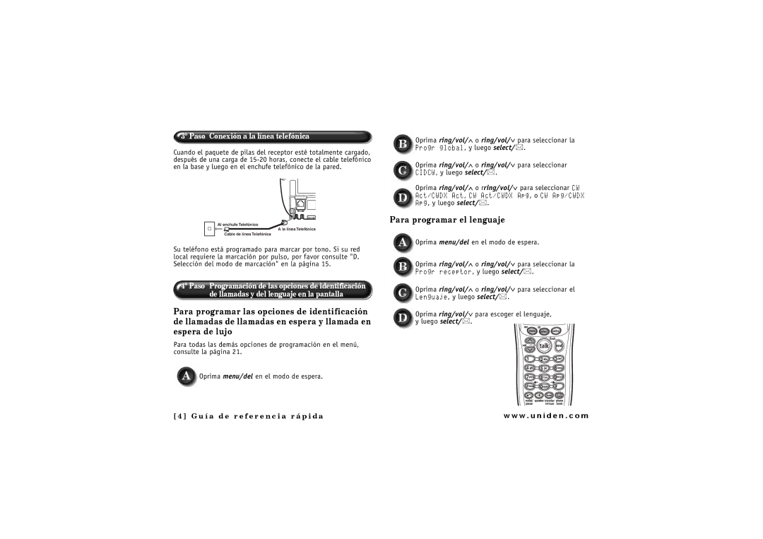 Uniden 2.4 manual Para programar el lenguaje, Oprima ring/vol/∨ para escoger el lenguaje Luego select 