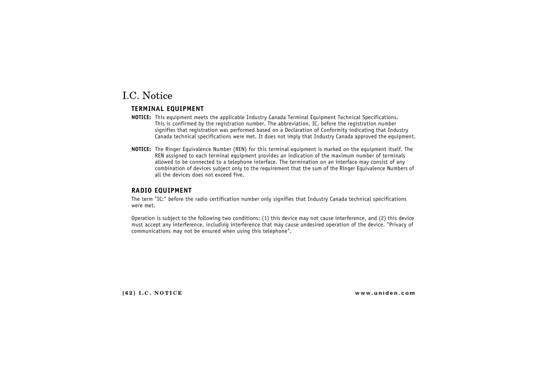 Uniden 2.4 manual Terminal Equipment Radio Equipment, I . C . N O T I C E 