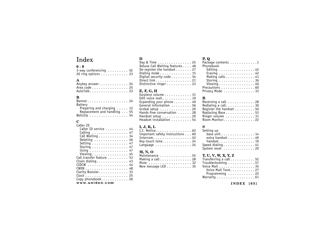 Uniden 2.4 manual Index, D E X 6 