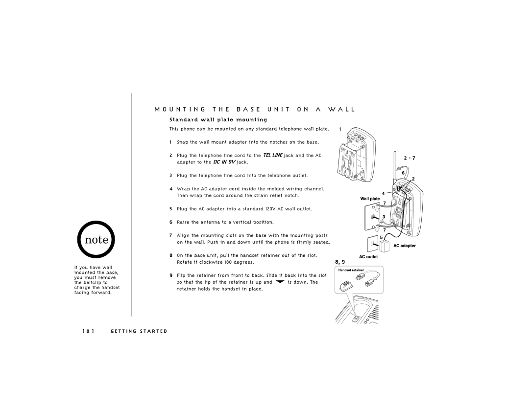 Uniden 248 owner manual U N T I N G T H E B a S E U N I T O N a W a L L, Standard wall plate mounting 