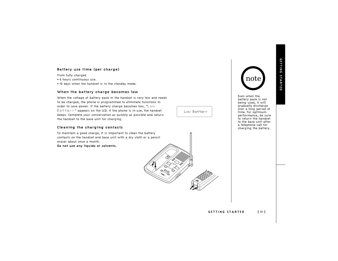 Uniden 248 owner manual Battery use time per charge, When the battery charge becomes low, Cleaning the charging contacts 